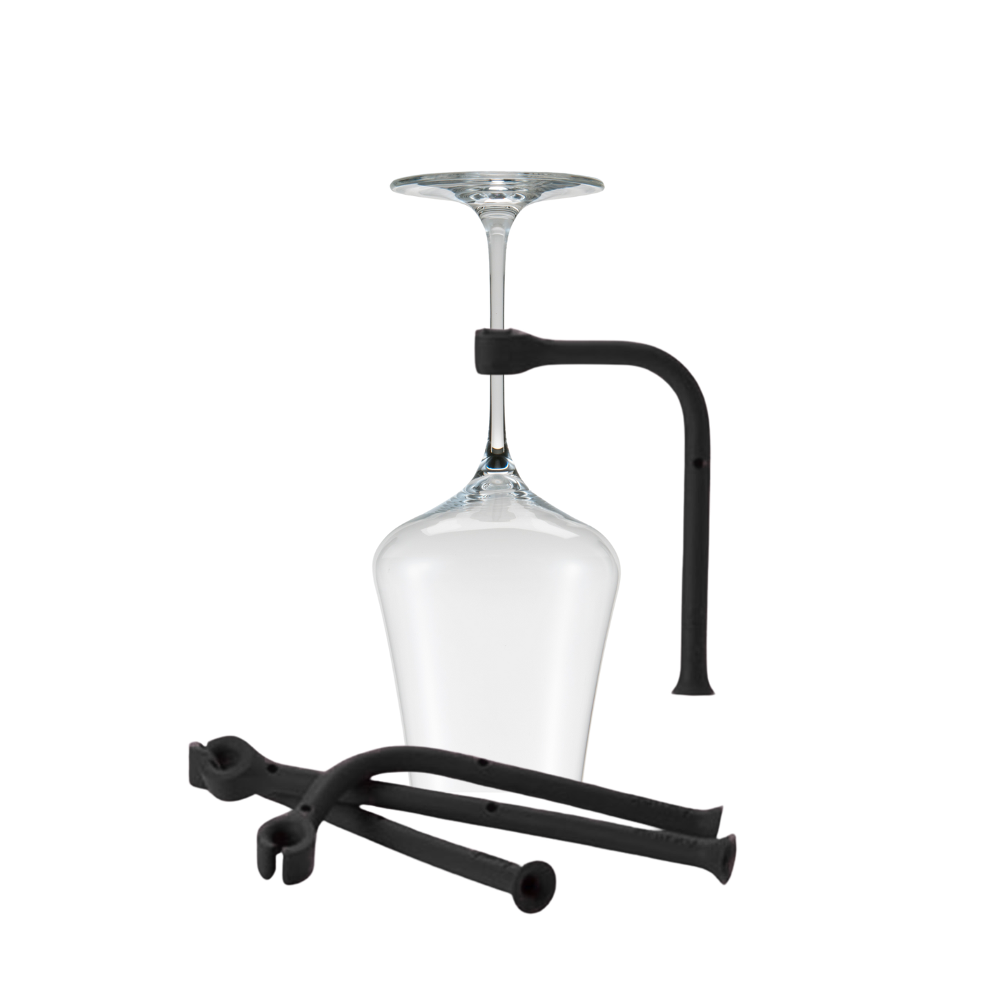 Black silicone tethers holding wine glass in dishwasher