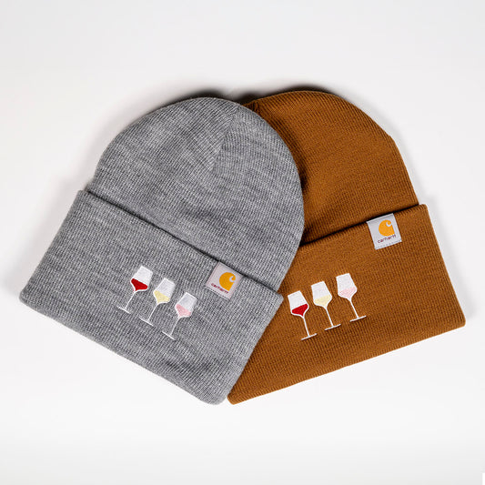 Gray and brown Carhartt wine beanies