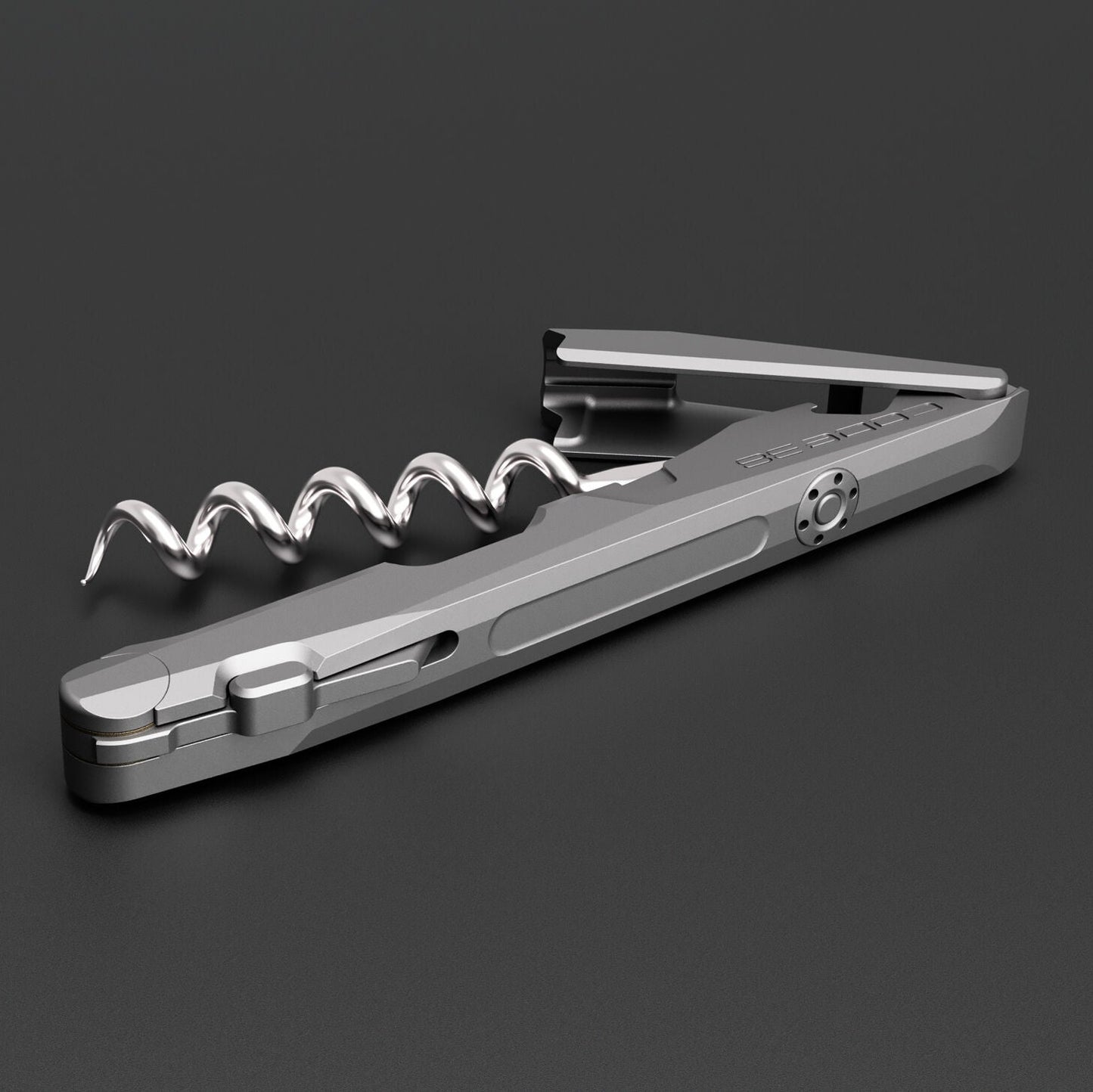 Silver corkscrew on a dark gray background
